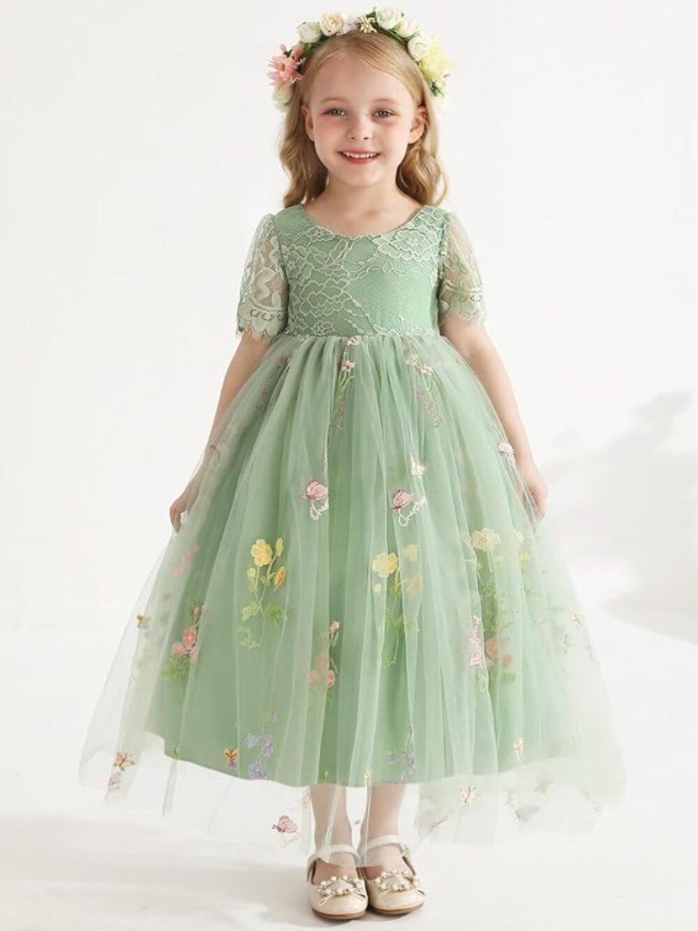 Girls Flower Girl Dress Toddler Wedding Lace V Back Tulle - size 4year